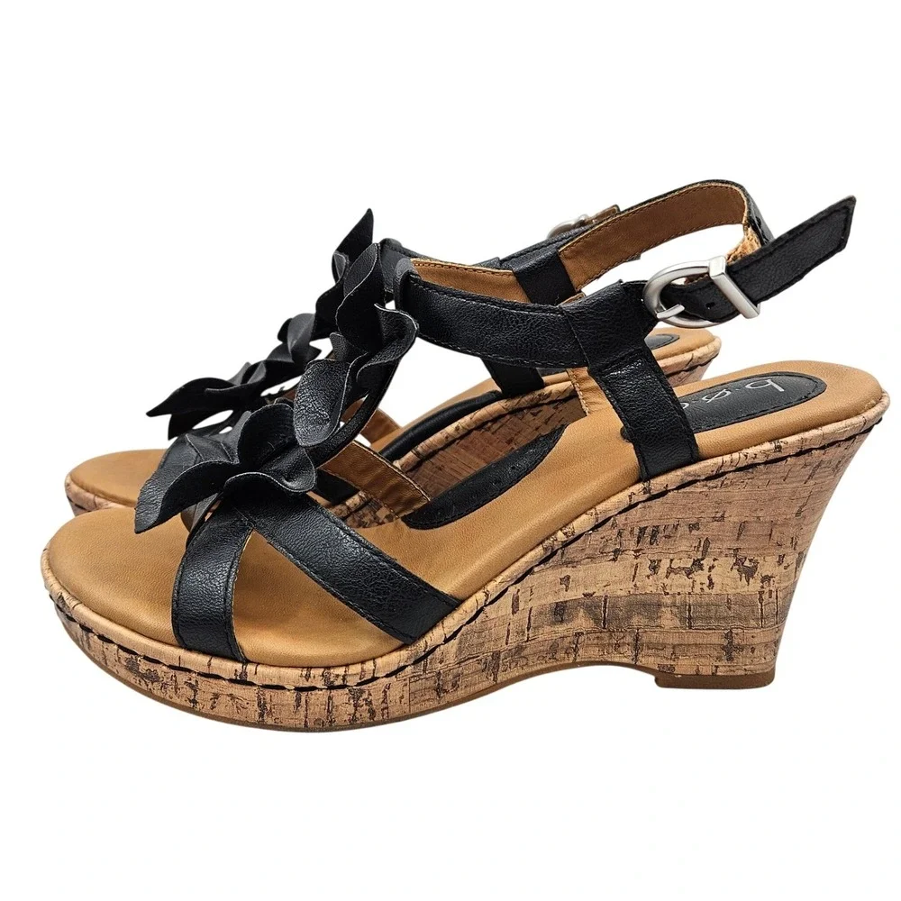 B.O.C. Black Floral T-Strap Cork Wedge Sandals Women Size 8